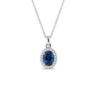 SAPPHIRE AND DIAMOND OVAL PENDANT IN WHITE GOLD - SAPPHIRE NECKLACES - NECKLACES