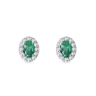 Oval Emerald and Diamond White Gold Halo Stud Earrings