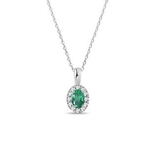 Emerald and Diamond White Gold Halo Necklace