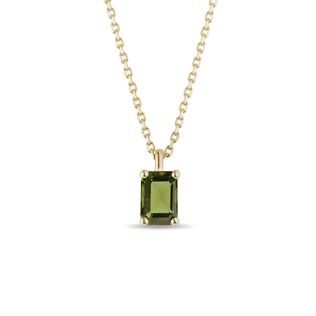 COLLIER EN OR JAUNE, MOLDAVITE TAILLE ÉMERAUDE - COLLIERS AVEC MOLDAVITE - COLLIERS