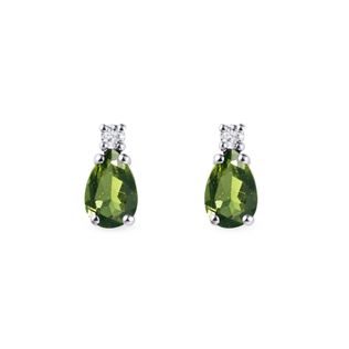 MOLDAVITE AND DIAMOND TEARDROP EARRINGS IN WHITE GOLD - MOLDAVITE EARRINGS - EARRINGS