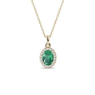 EMERALD AND DIAMOND OVAL GOLD PENDANT - EMERALD NECKLACES - NECKLACES