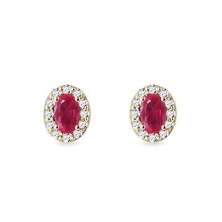 Oval Ruby and Diamond Gold Halo Stud Earrings