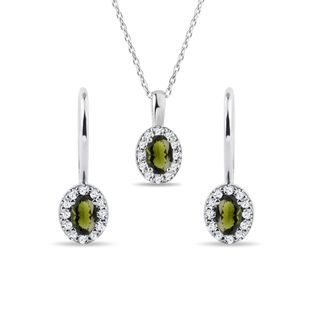 SET HALO ŠPERKŮ S VLTAVÍNY A DIAMANTY V BÍLÉM ZLATĚ - DRAHOKAMOVÉ SOUPRAVY - ŠPERKY