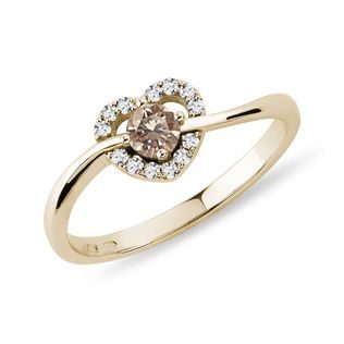 CHAMPAGNE AND WHITE DIAMOND HEART RING IN YELLOW GOLD - DIAMOND RINGS - RINGS