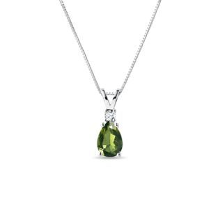 MOLDAVITE AND DIAMOND PENDANT ON WHITE GOLD CHAIN - MOLDAVITE NECKLACES - NECKLACES