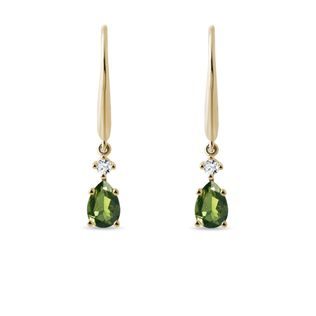 MOLDAVITE AND DIAMOND DROP EARRINGS IN YELLOW GOLD - MOLDAVITE EARRINGS - EARRINGS