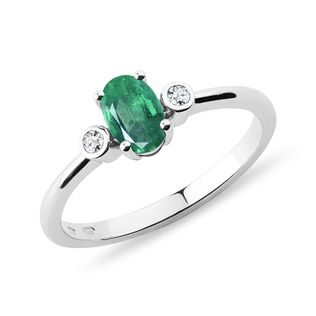 Emerald and Bezel Diamond White Gold Ring