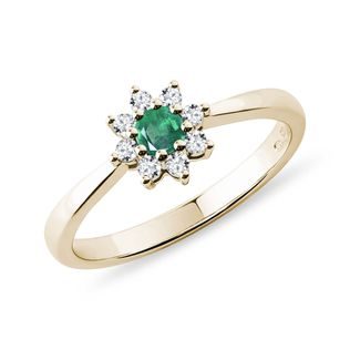 EMERALD AND DIAMOND FLOWER GOLD RING - EMERALD RINGS - RINGS