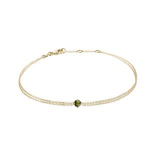 YELLOW GOLD DOUBLE CHAIN BRACELET WITH A ROUND MOLDAVITE - GEMSTONE BRACELETS - BRACELETS