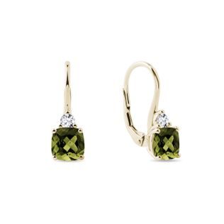 KOLCZYKI Z ŻÓŁTEGO ZŁOTA Z DIAMENTAMI I MOŁDAWITAMI O SZLIFIE PODUSZKOWYM - KOLCZYKI Z MOŁDAWITAMI - KOLCZYKI