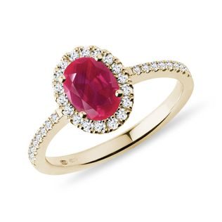 LUXE RUBY AND DIAMOND HALO RING ​​IN YELLOW GOLD - RUBY ENGAGEMENT RINGS - ENGAGEMENT RINGS