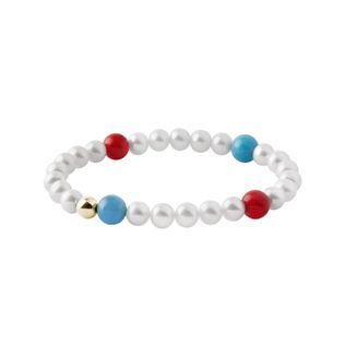 Pearl bracelet with turquoise, coral and gold beads