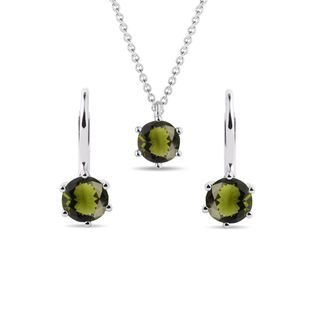 MOLDAVITE EARRING AND NECKLACE SET IN WHITE GOLD - JEWELRY SETS - FINE JEWELRY