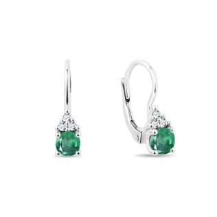 EMERALD AND DIAMOND DROP EARRINGS IN WHITE GOLD - EMERALD EARRINGS - EARRINGS