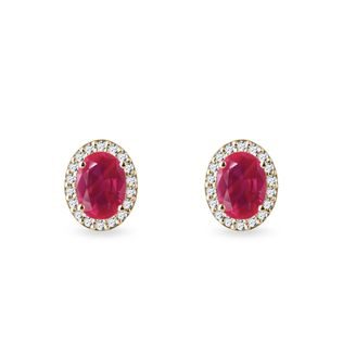 OVAL RUBY AND DIAMOND HALO EARRINGS IN YELLOW GOLD - RUBY EARRINGS - EARRINGS