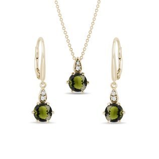 MOLDAVITE AND DIAMOND GOLD EARRING AND NECKLACE SET - JEWELLERY SETS - FINE JEWELLERY