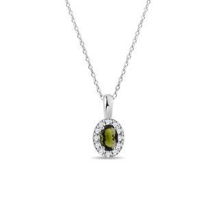 MOLDAVITE AND DIAMOND WHITE GOLD HALO NECKLACE - MOLDAVITE NECKLACES - NECKLACES