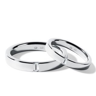 HOCHZEITSSET MIT DIAMANTEN IM BAGUETTESCHLIFF IN WEISSGOLD - WEISSGOLDENE TRAURINGE IM SET - TRAURINGE