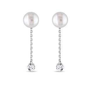 14K WHITE GOLD PEARL STUD EARRINGS WITH CHAIN AND DIAMONDS - DIAMOND EARRINGS - EARRINGS