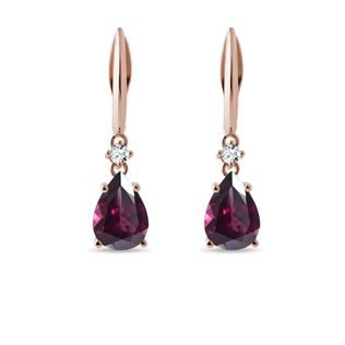 BOUCLES D'OREILLES EN OR ROSE AVEC DIAMANTS ET RHODOLITES - BOUCLES D'OREILLES AVEC GEMMES - BOUCLES D'OREILLES
