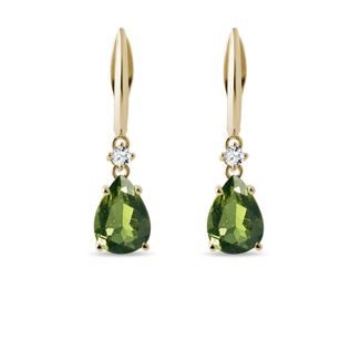 ZŁOTE KOLCZYKI Z DIAMENTAMI I MOLDAVITE - KOLCZYKI Z MOŁDAWITAMI - KOLCZYKI