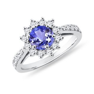 PRSTEŇ Z BIELEHO ZLATA S OKRÚHLYM TANZANITOM A BRILIANTMI - PRSTENE TANZANIT - PRSTENE