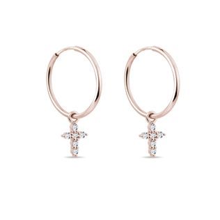 ANNEAUX D'OREILLES EN OR ROSE AVEC CROIX EN DIAMANT - BOUCLES D'OREILLES EN DIAMANT - BOUCLES D'OREILLES