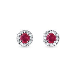 RUBY AND DIAMOND HALO EARRINGS IN WHITE GOLD - RUBY EARRINGS - EARRINGS