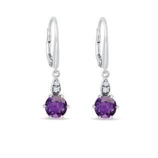 BOUCLES D'OREILLES OR BLANC AMÉTHYSTE VIOLETTE ET DIAMANT - BOUCLES D'OREILLES EN AMÉTHYSTE - BOUCLES D'OREILLES