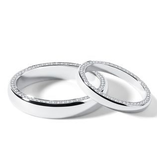 KOMPLET OBRĄCZEK Z BIAŁEGO ZŁOTA Z DIAMENTAMI DOOKOŁA - ZESTAWY OBRĄCZEK Z BIAŁEGO ZŁOTA - OBRĄCZKI