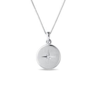 MÉDAILLON OR BLANC AVEC GRAVURE ÉTOILE DU BERGER ET DIAMANT CENTRAL - COLLIERS AVEC DIAMANTS - COLLIERS
