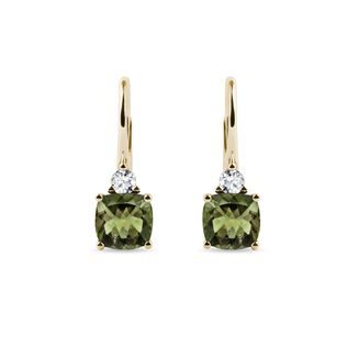 CUSHION CUT MOLDAVITE AND DIAMOND EARRINGS IN YELLOW GOLD - MOLDAVITE EARRINGS - EARRINGS