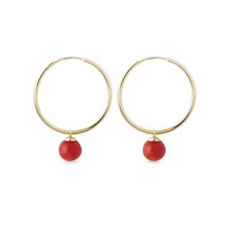 GOLD HOOP EARRINGS WITH ROUND CORAL PENDANTS - SEASONS COLLECTION - KLENOTA COLLECTIONS