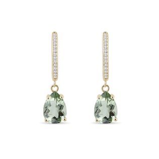 BOUCLES D'OREILLES D'OR JAUNE AVEC AMÉTHYSTES VERTES ET DIAMANTS - BOUCLES D'OREILLES EN AMÉTHYSTE - BOUCLES D'OREILLES