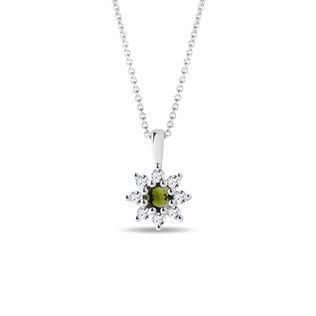 MOLDAVITE AND DIAMOND FLORAL NECKLACE IN WHITE GOLD - MOLDAVITE NECKLACES - NECKLACES