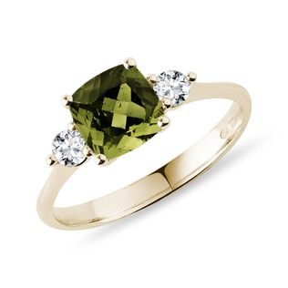 CUSHION CUT MOLDAVITE AND DIAMOND RING IN GOLD - MOLDAVITE RINGS - RINGS