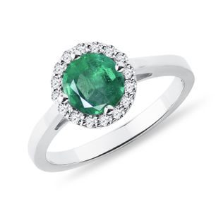 GOLD RING HALO WITH EMERALD AND DIAMONDS - EMERALD RINGS - RINGS