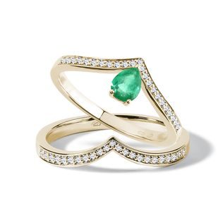 EMERALD AND DIAMOND CHEVRON RING SET IN YELLOW GOLD - ENGAGEMENT AND WEDDING MATCHING SETS - ENGAGEMENT RINGS