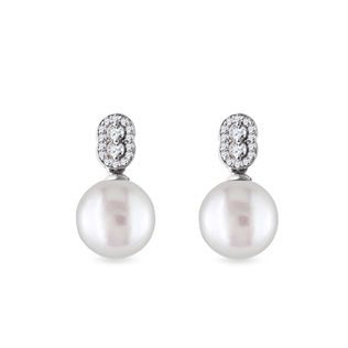 PEARL AND DIAMOND WHITE GOLD EARRINGS - PEARL EARRINGS - PEARL JEWELRY