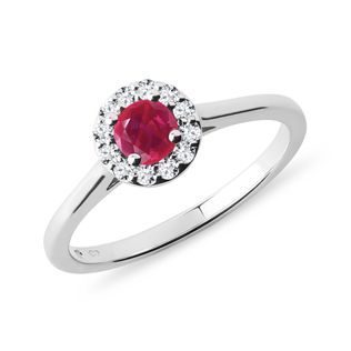Ruby and Diamond Halo Ring in White Gold