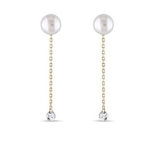 PEARL AND DIAMOND CHAIN EARRINGS IN 14K GOLD - DIAMOND EARRINGS - EARRINGS