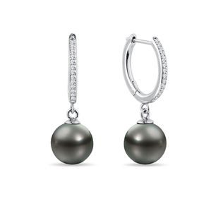 TAHITIAN PEARL AND DIAMOND EARRINGS IN YELLOW GOLD - PEARL EARRINGS - PEARL JEWELRY