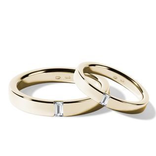 HOCHZEITSSET MIT DIAMANT IM BAGUETTESCHLIFF IN GELBGOLD - GELBGOLDENE TRAURINGE IM SET - TRAURINGE