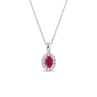 Ruby and Diamond White Gold Halo Necklace