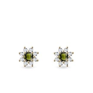 MOLDAVITE AND DIAMOND FLORAL STUDS IN YELLOW GOLD - MOLDAVITE EARRINGS - EARRINGS