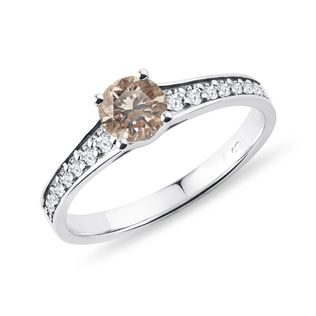 Champagne and white diamond engagement ring in white gold