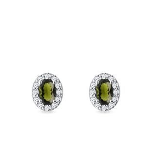 OVAL MOLDAVITE AND DIAMOND WHITE GOLD STUD EARRINGS - MOLDAVITE EARRINGS - EARRINGS