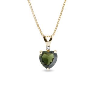 MOLDAVITE HEART AND DIAMOND NECKLACE IN GOLD - MOLDAVITE NECKLACES - NECKLACES