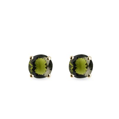 Round Moldavite Stud Earrings in Yellow Gold | KLENOTA